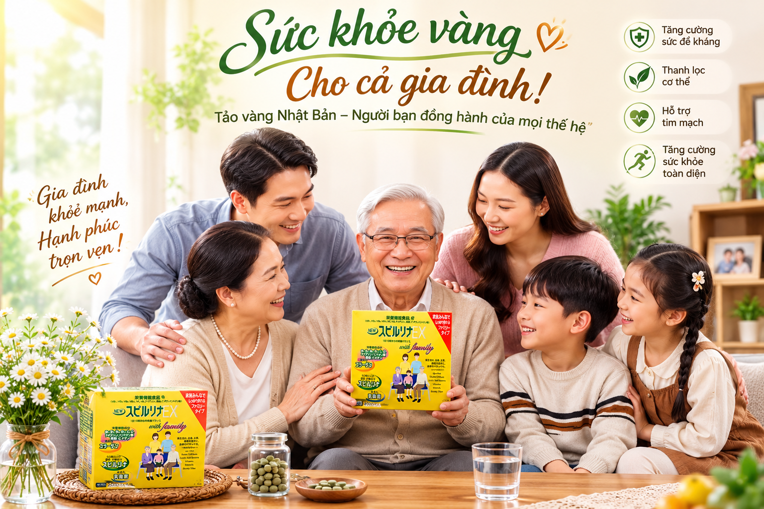 Gia đình quây quần khoẻ mạnh cùng bổ sung Tảo Vàng mỗi ngày
